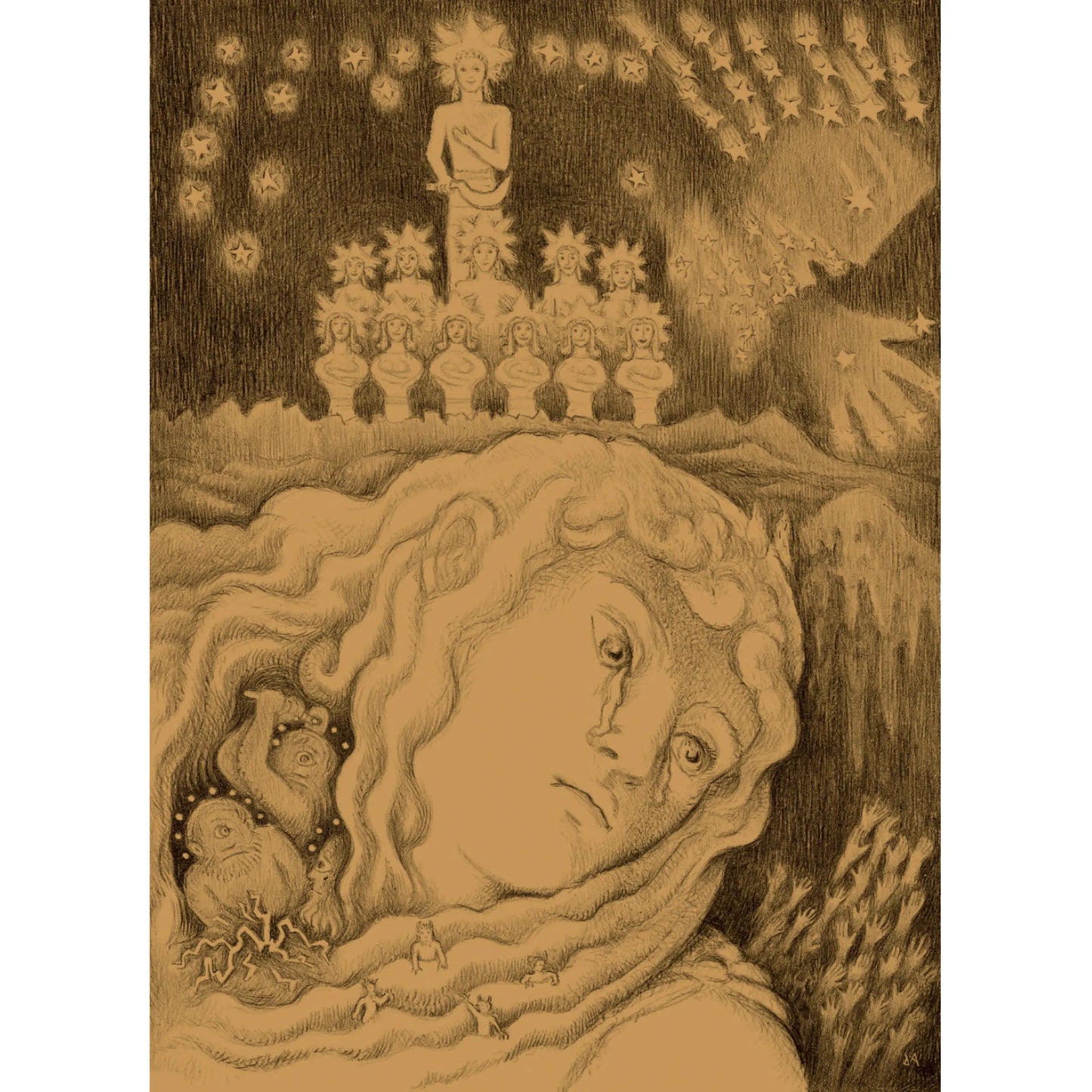 Artistic depiction of a figure with flowing hair and a celestial background from D'Aualaires Greek Mythology for Kids