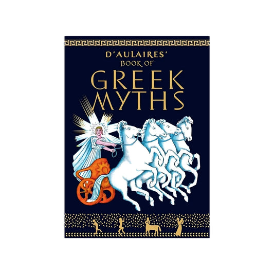 Book cover of 'D'Aulaires' Book of Greek Myths' with a depiction of a chariot and figures on a dark blue background.
