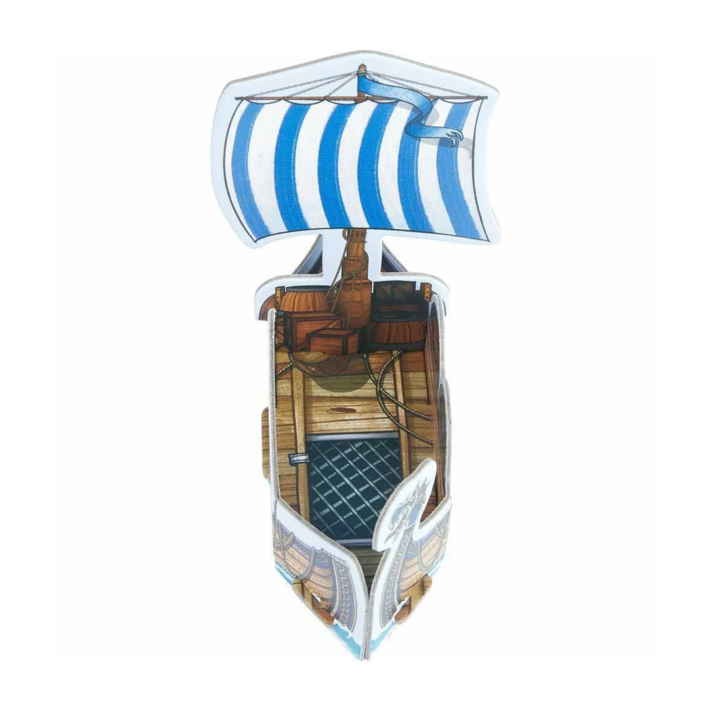 Model of a ship game piece with a blue and white striped sail on a white background
