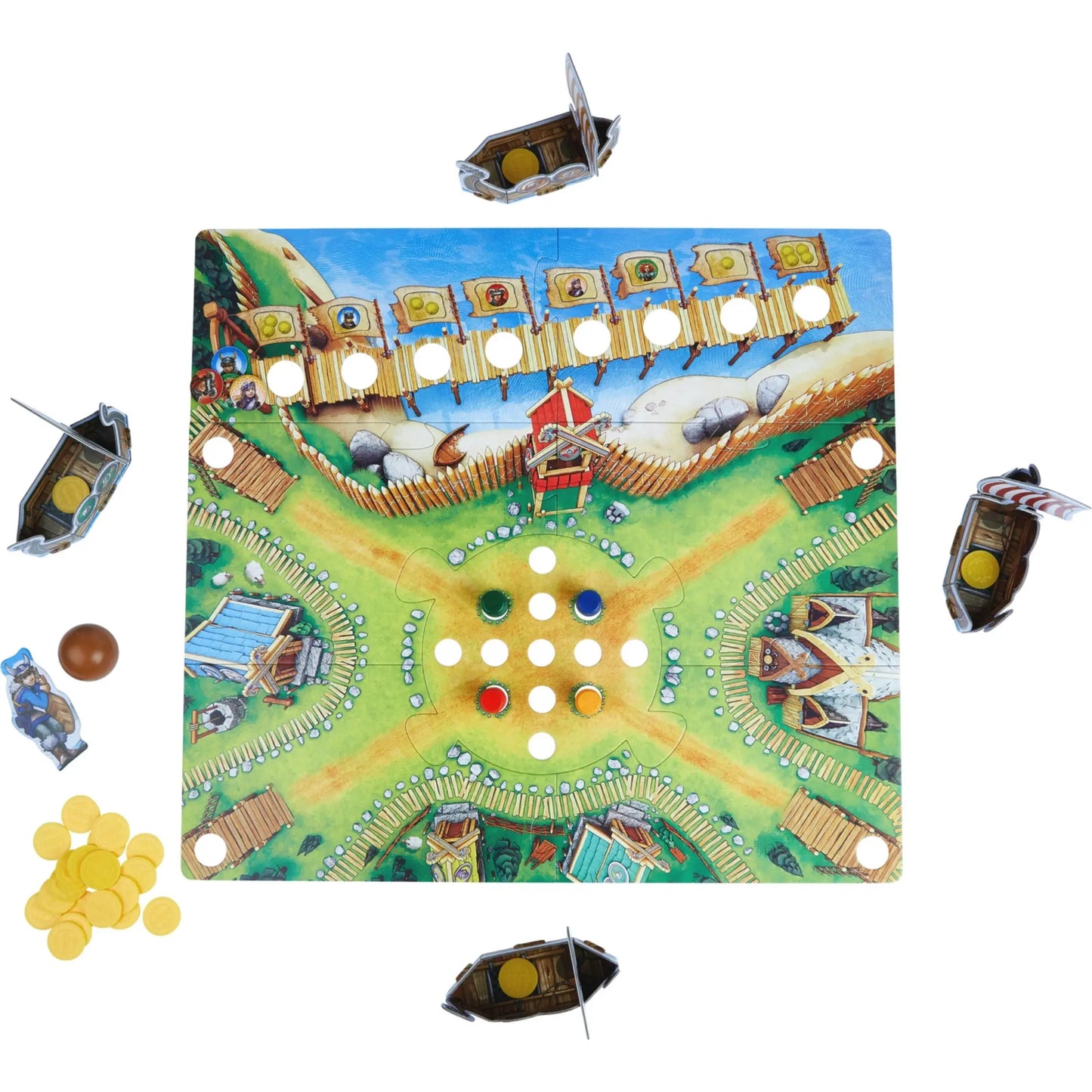 Valley of the Vikings HABA Boardgame with Ships, Coins, and Barrels on white background