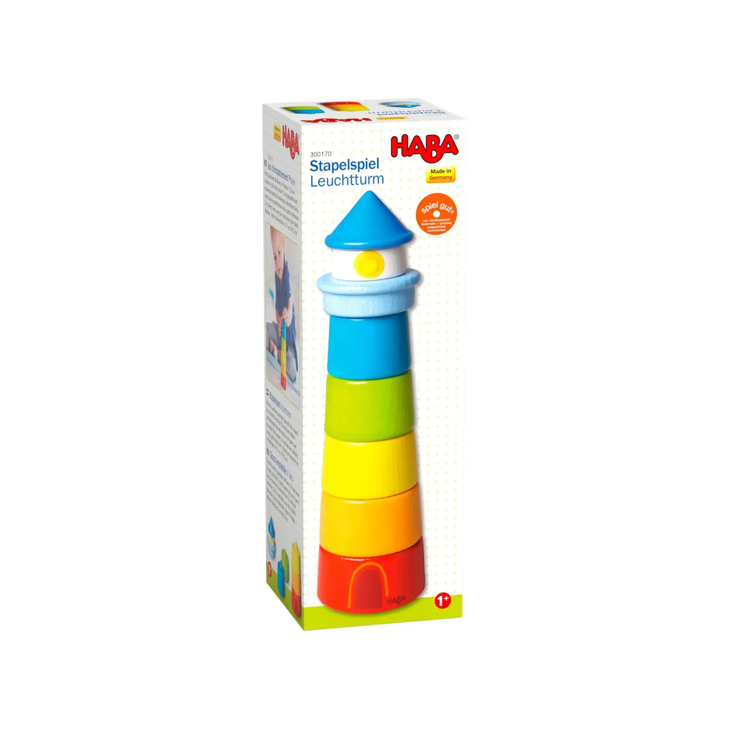 Colorful toddler toy wooden stacking toy with HABA branding on a white background