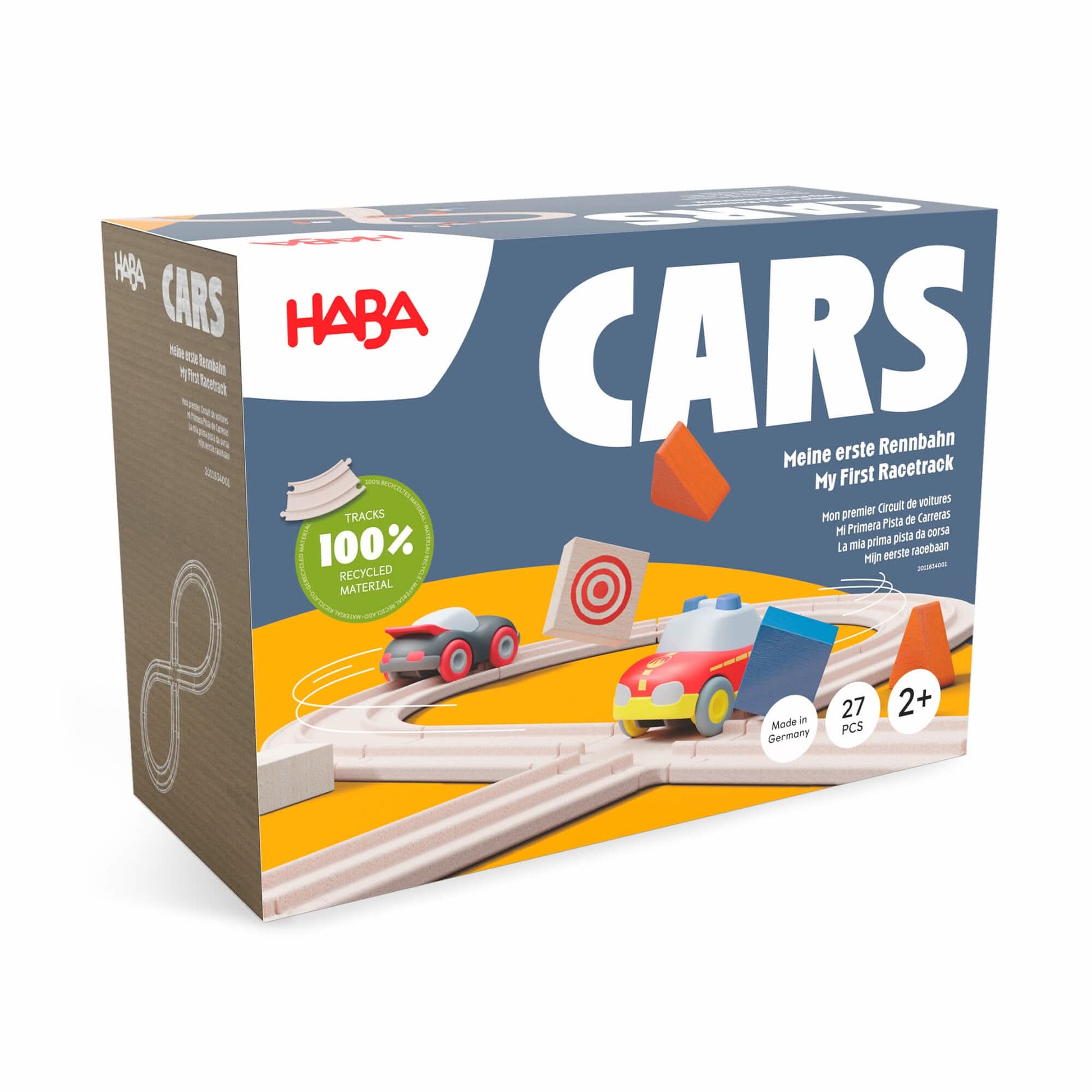 HABA toy packaging for a wooden race track set on a white background