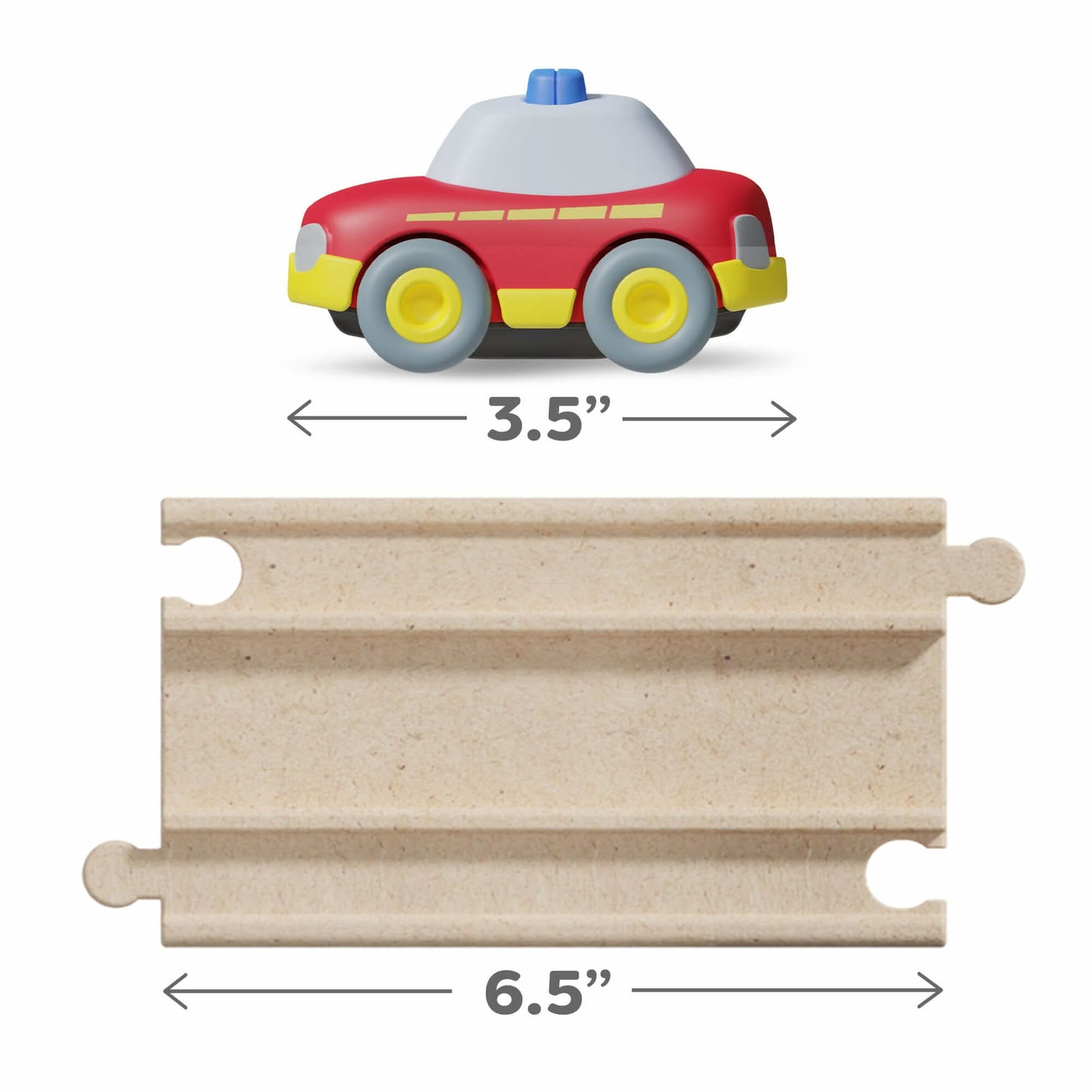 Toy fire truck on a wooden track with measurements indicated