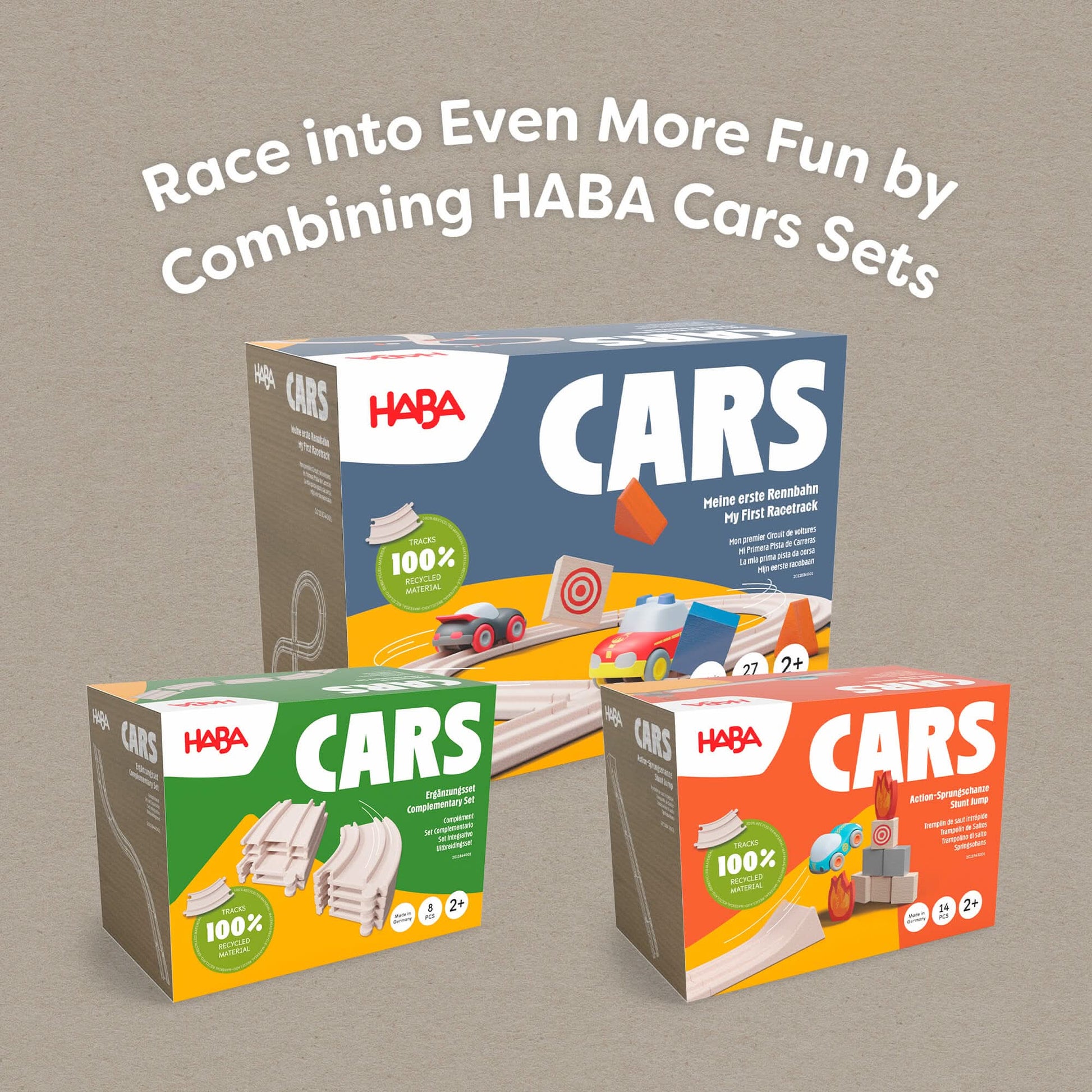 Three HABA CARS toy sets packaging on a beige background with promotional text.
