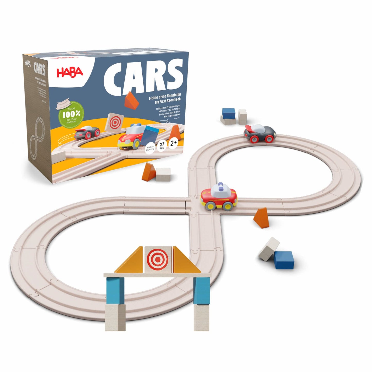 Toy car track set with HABA packaging on a white background