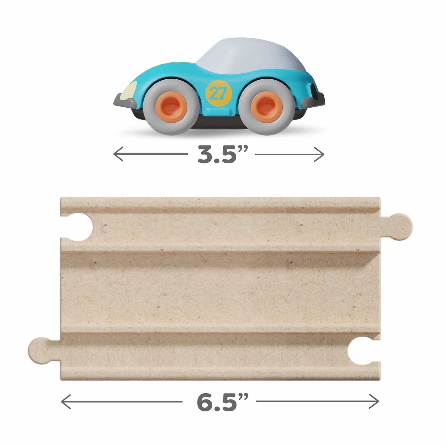 Toy car and track with measurements on a white background