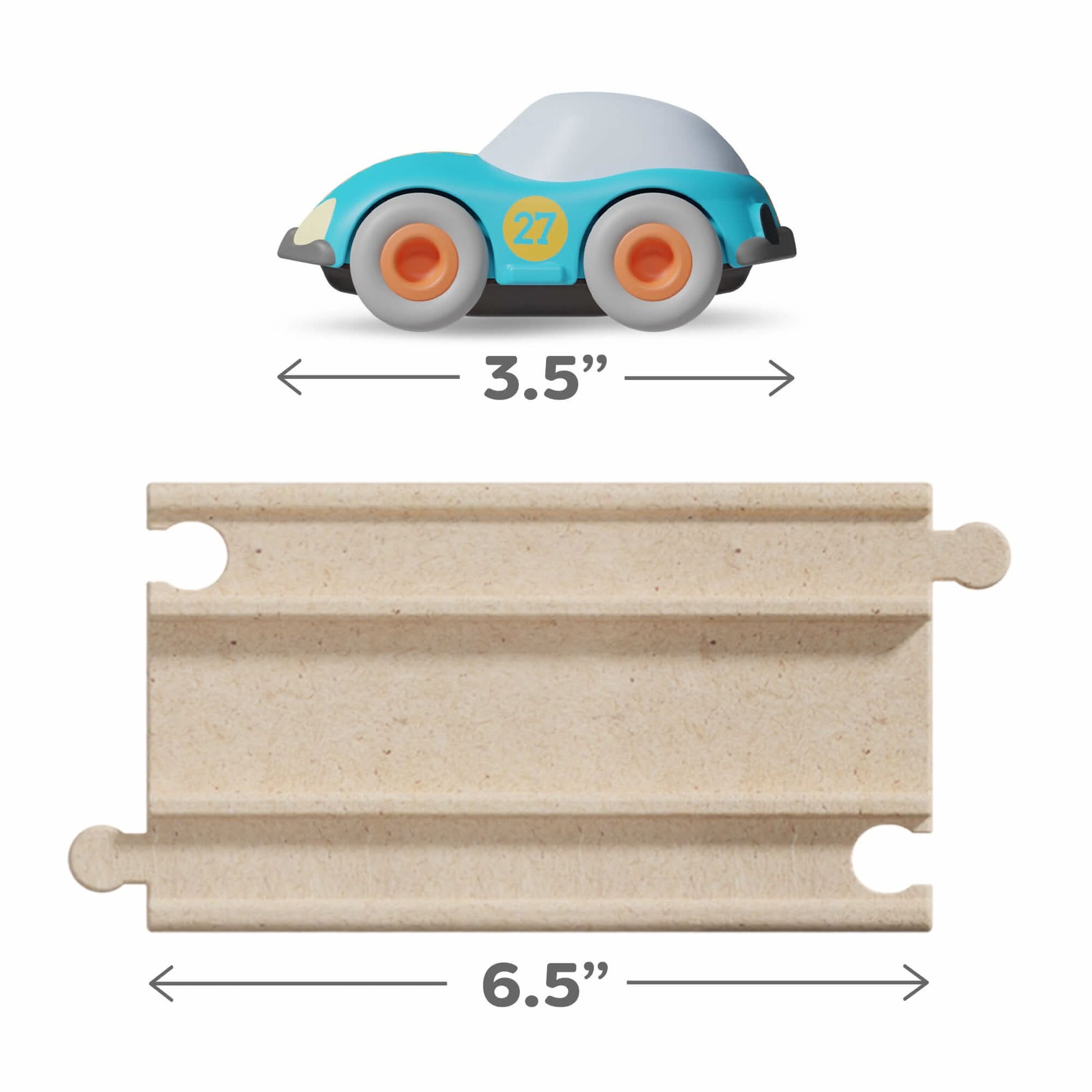 Toy car and track with measurements on a white background
