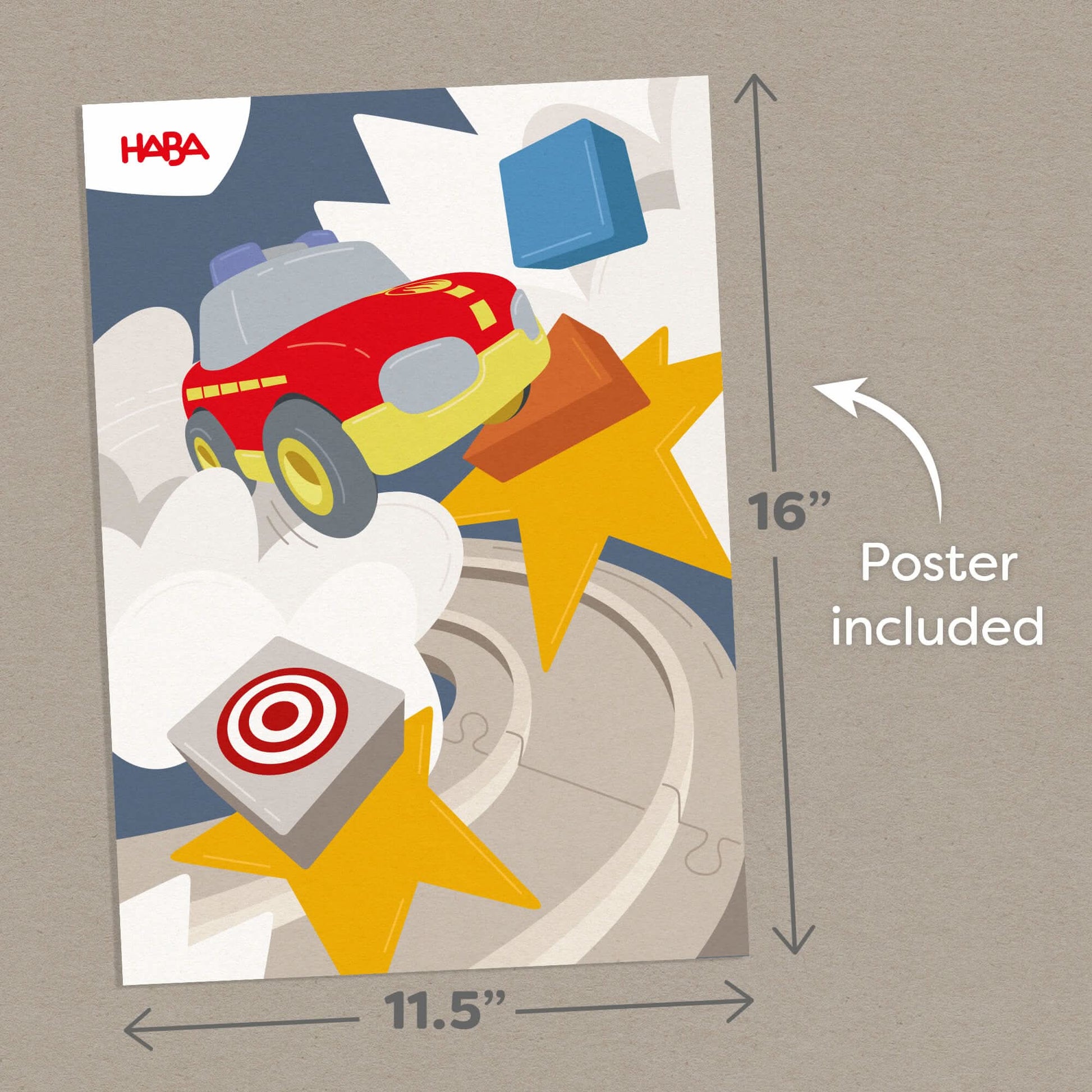 Poster with toy car and blocks design, featuring HABA logo, on a beige background.