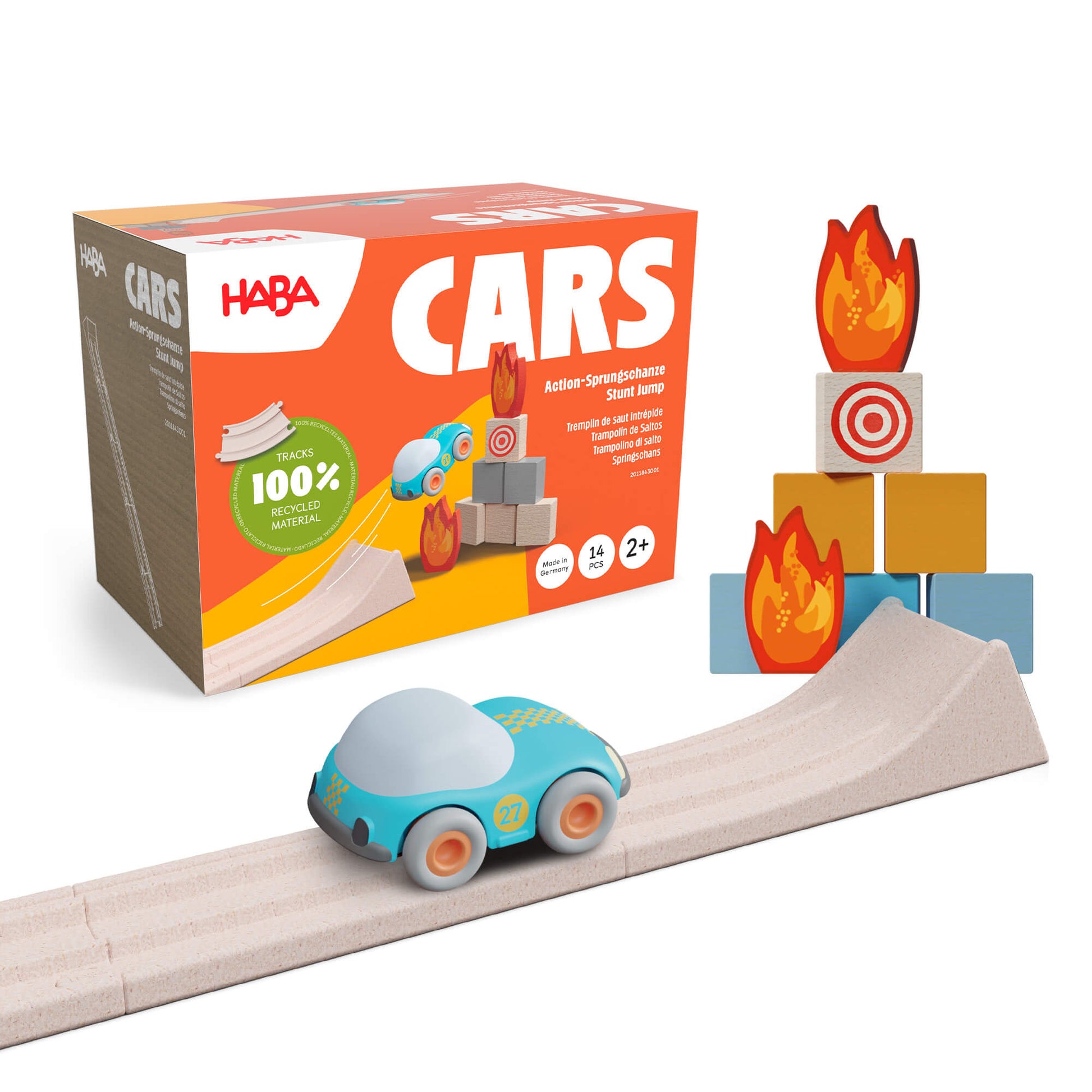 HABA toy set with car, track, and fire-themed blocks on a white background