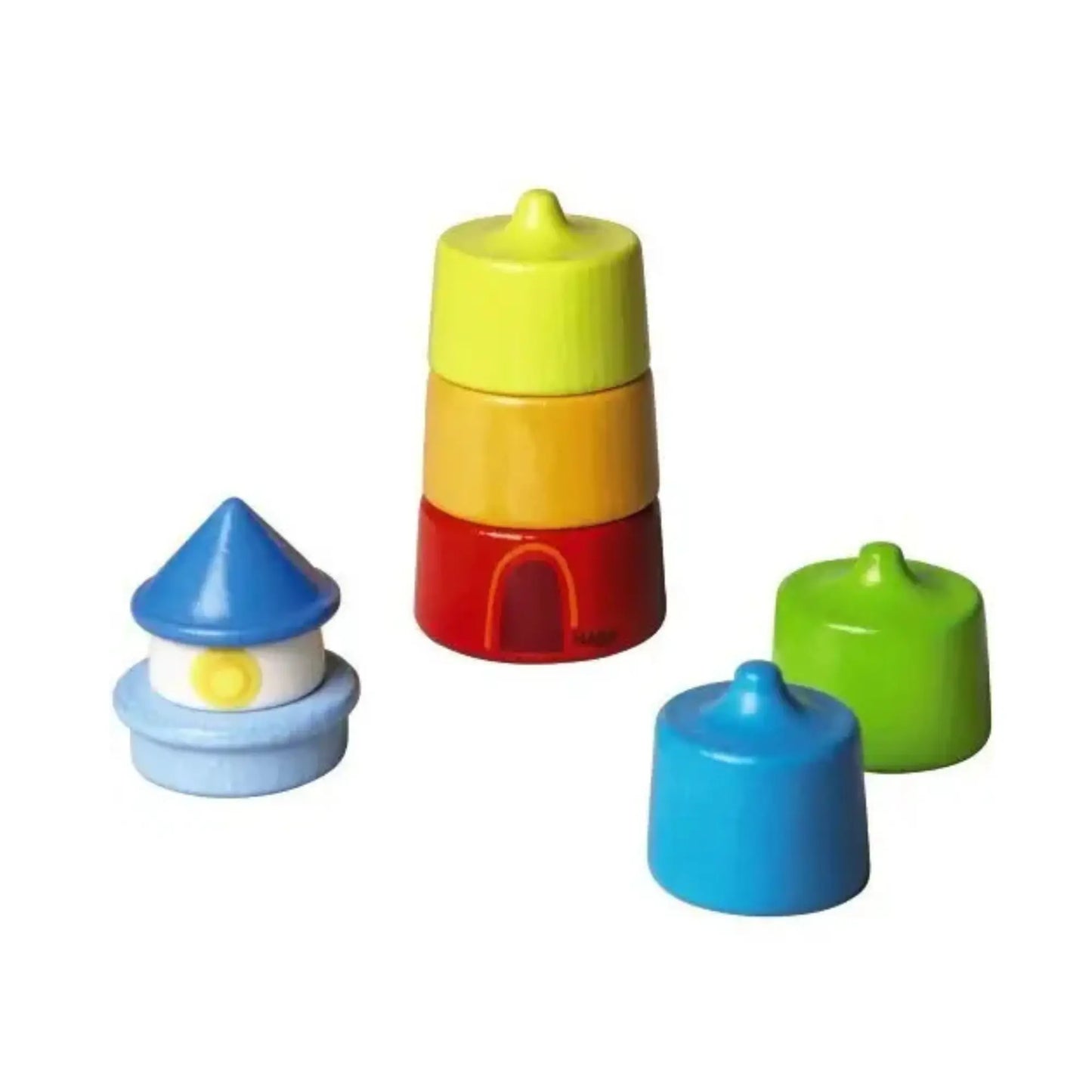 Set of colorful wooden stacking toddler toys on a white background