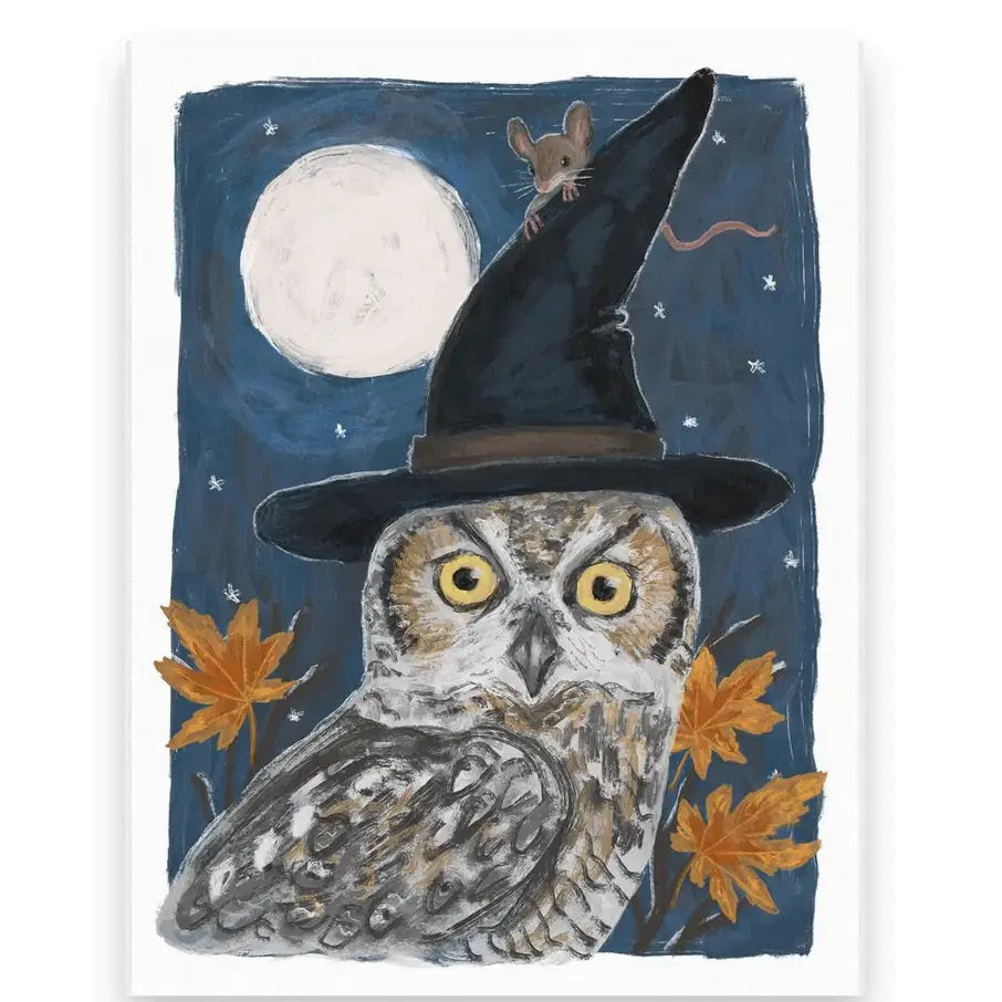 Illustration of an owl wearing a witch hat with a mouse on a full moon background