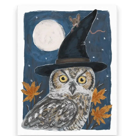 Illustration of an owl wearing a witch hat with a mouse on a full moon background