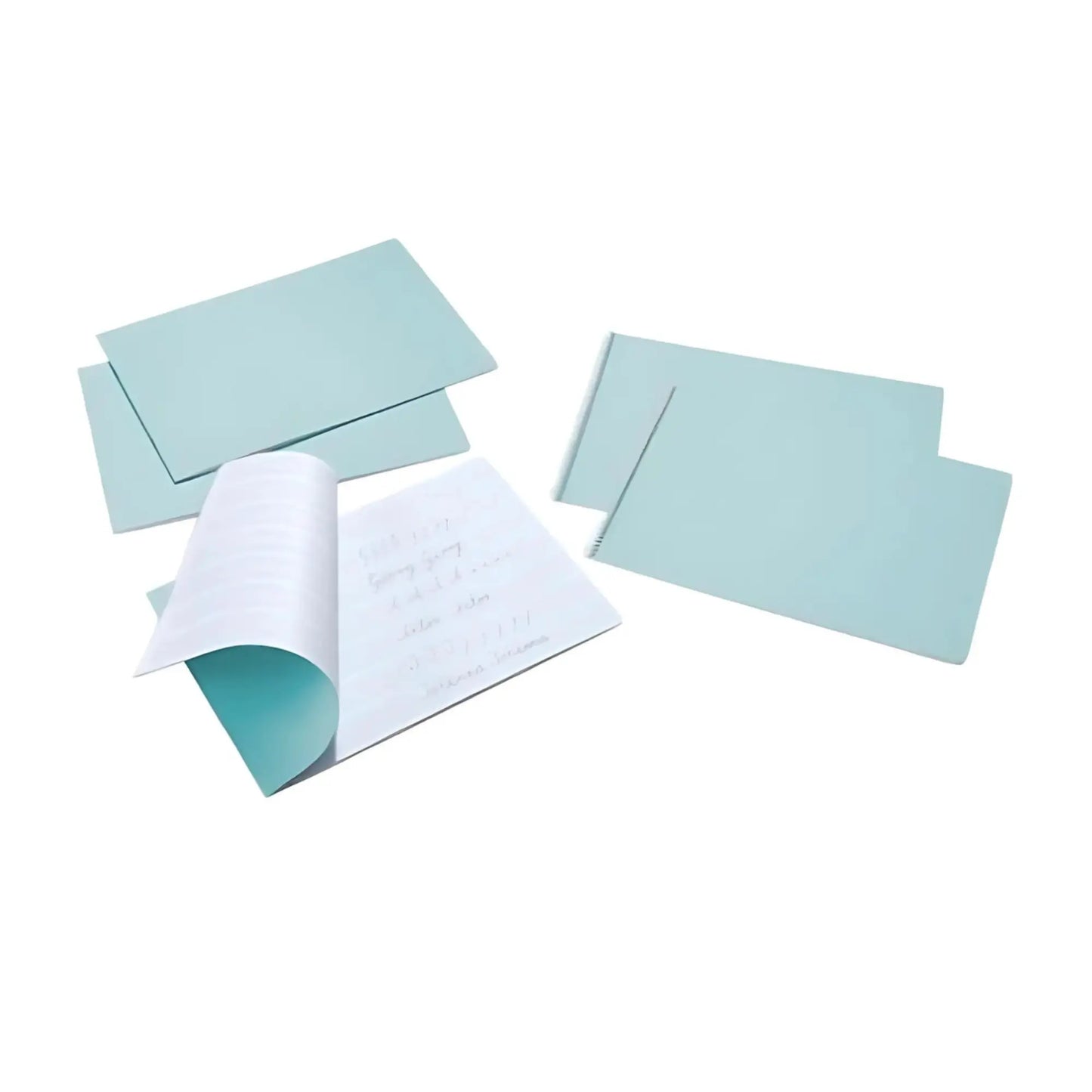 Set of light blue handwriting practice books on a white background