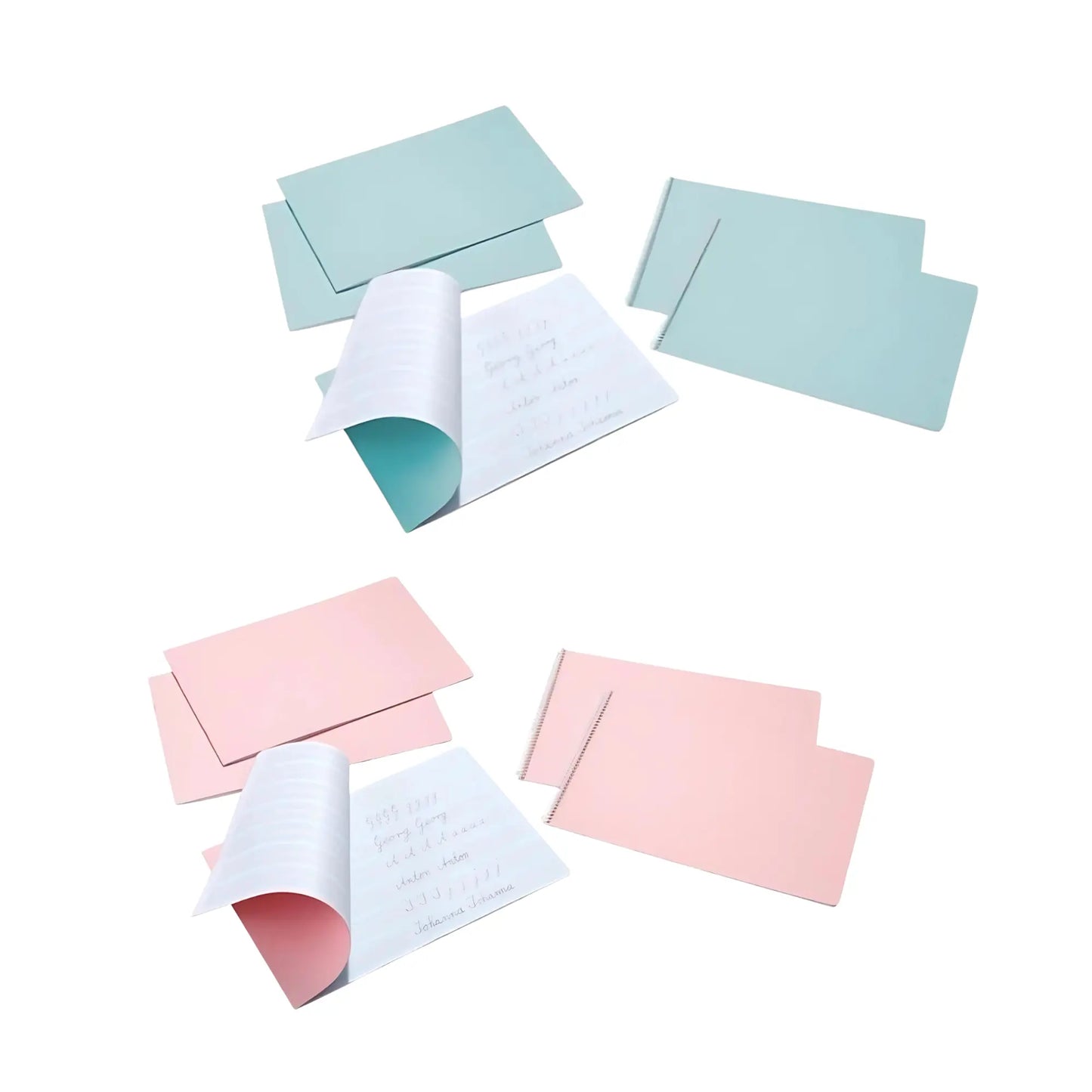 Set of pastel-colored handwriting practice books with white envelopes on a white background