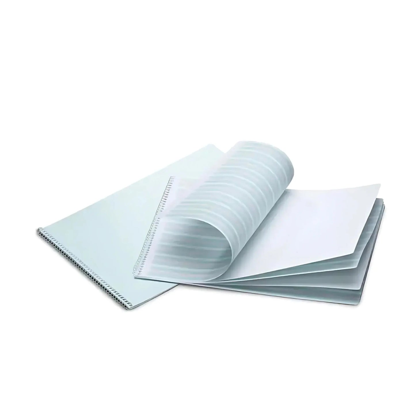Open handwriting Practice spiral notebook with light blue cover on a white background