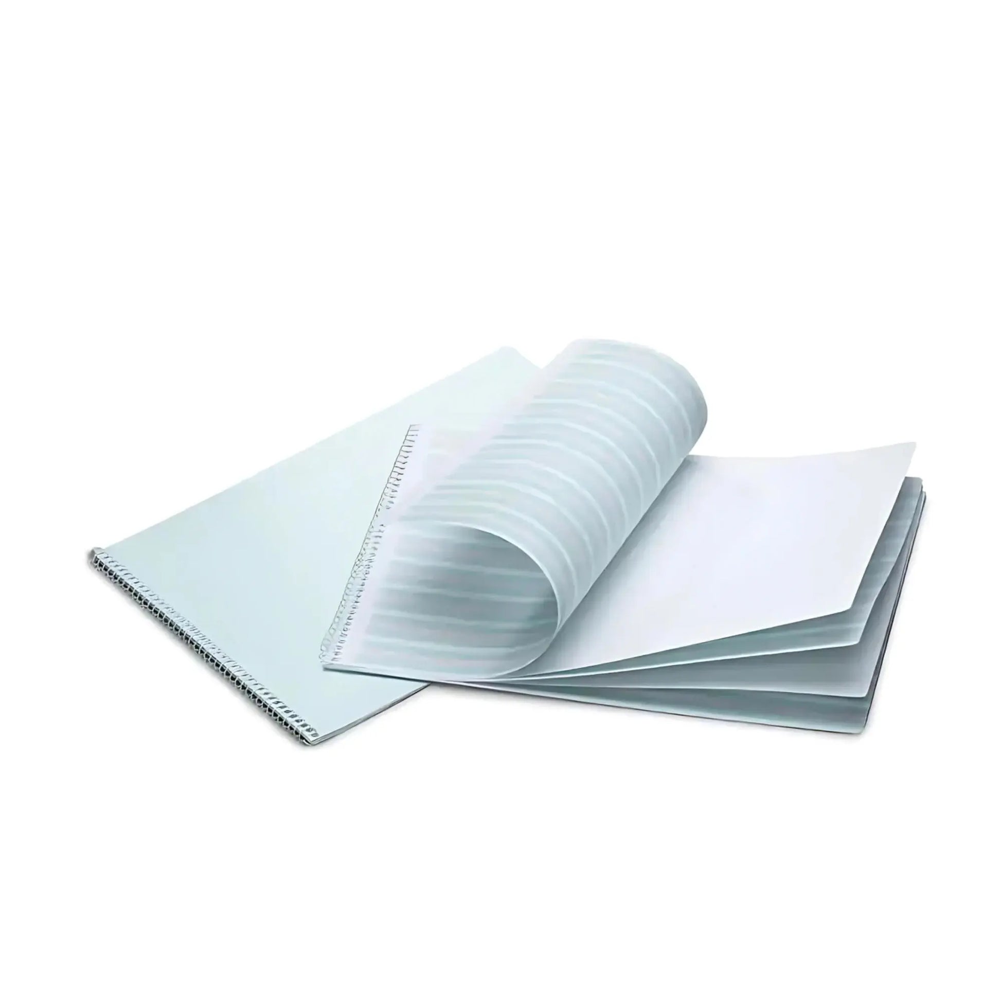 Open handwriting Practice spiral notebook with light blue cover on a white background