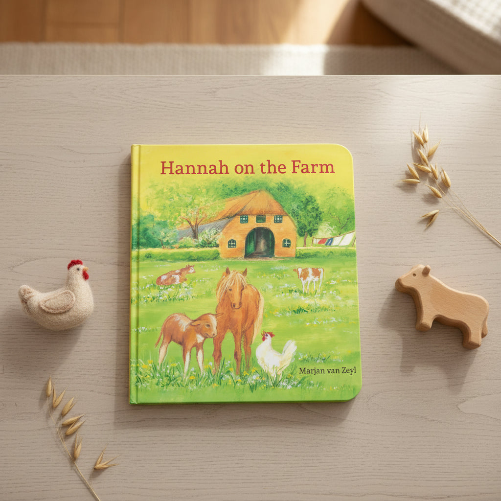 Board book Hannah on the Farm with foal, calf, and hen on cover next to wool hen and wooden cow on a table top