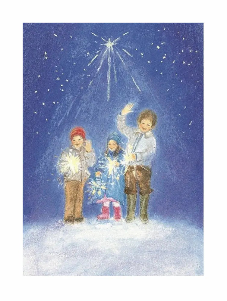 three kids waving while holding sparklers and standing in the snow under a starry sky