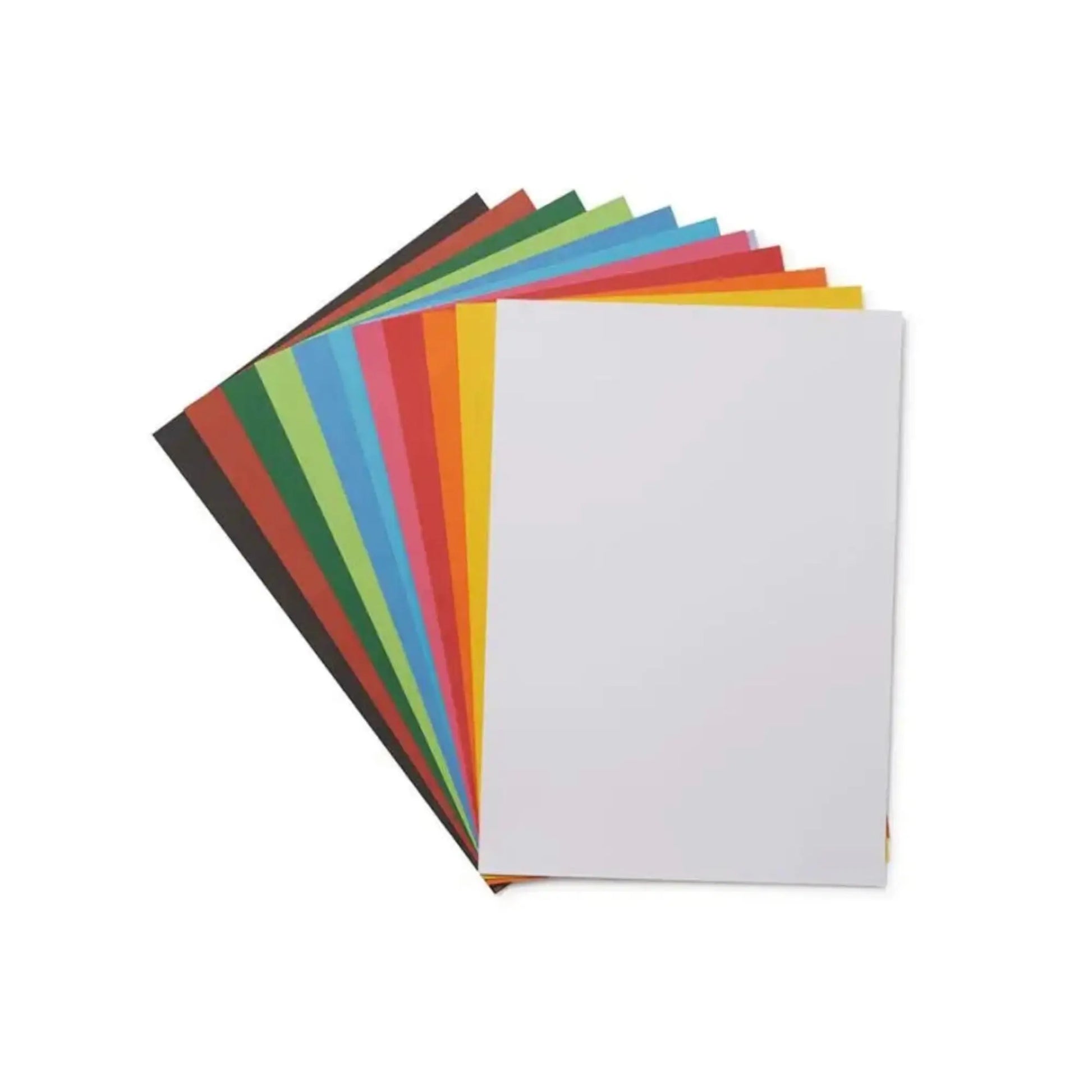 Stack of colorful Woodless English Cardboard sheets on a white background