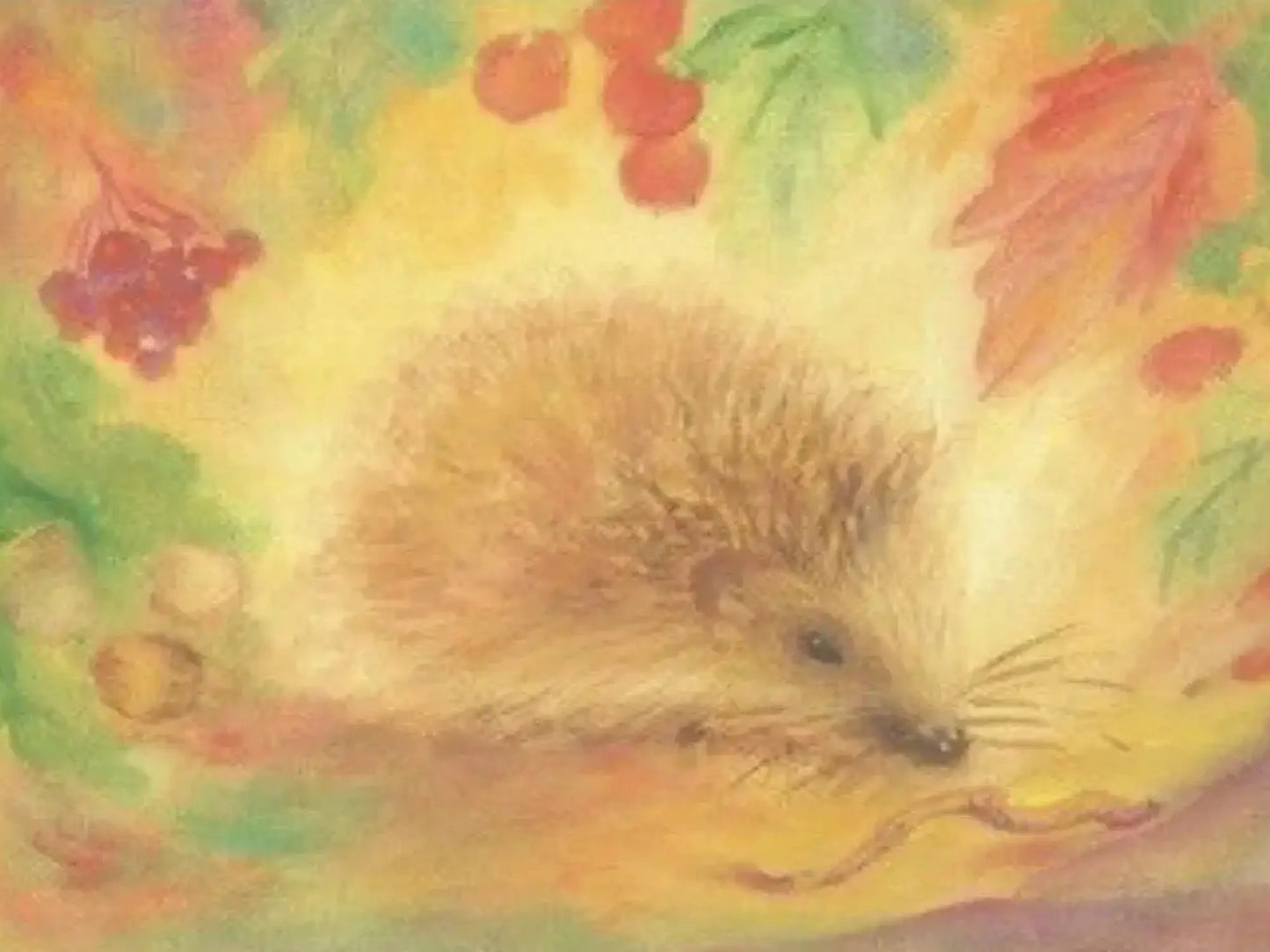 Illustration of a hedgehog surrounded by leaves and berries