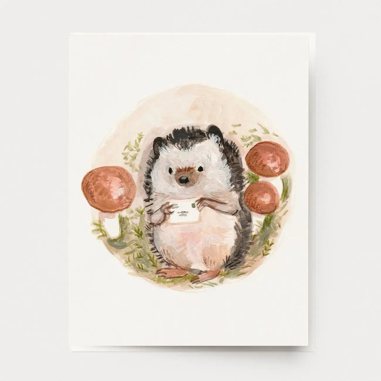 Illustration of a hedgehog holding a card with mushrooms and plants on a white background
