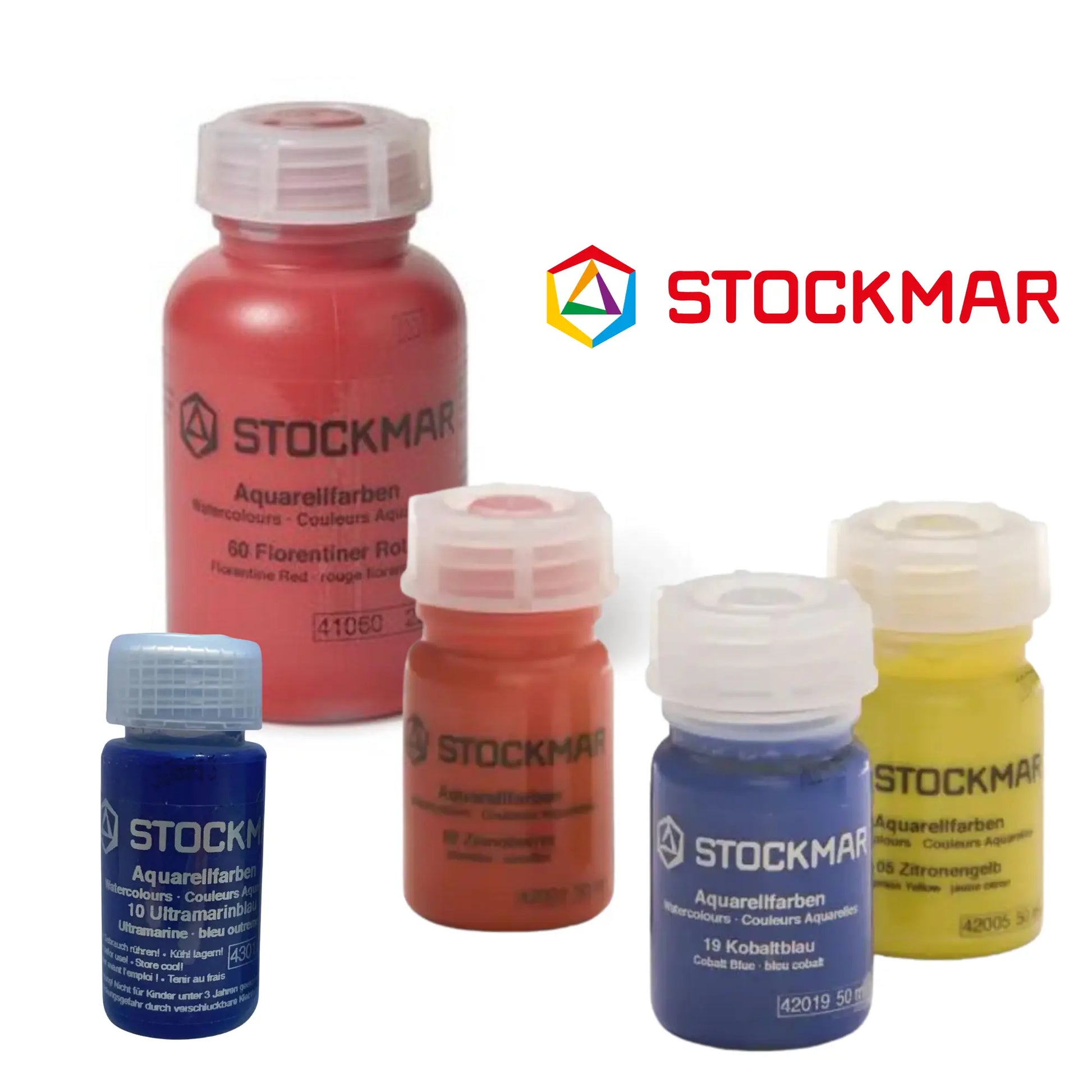 Set of Stockmar watercolor bottles on a white background with Stockmar logo.