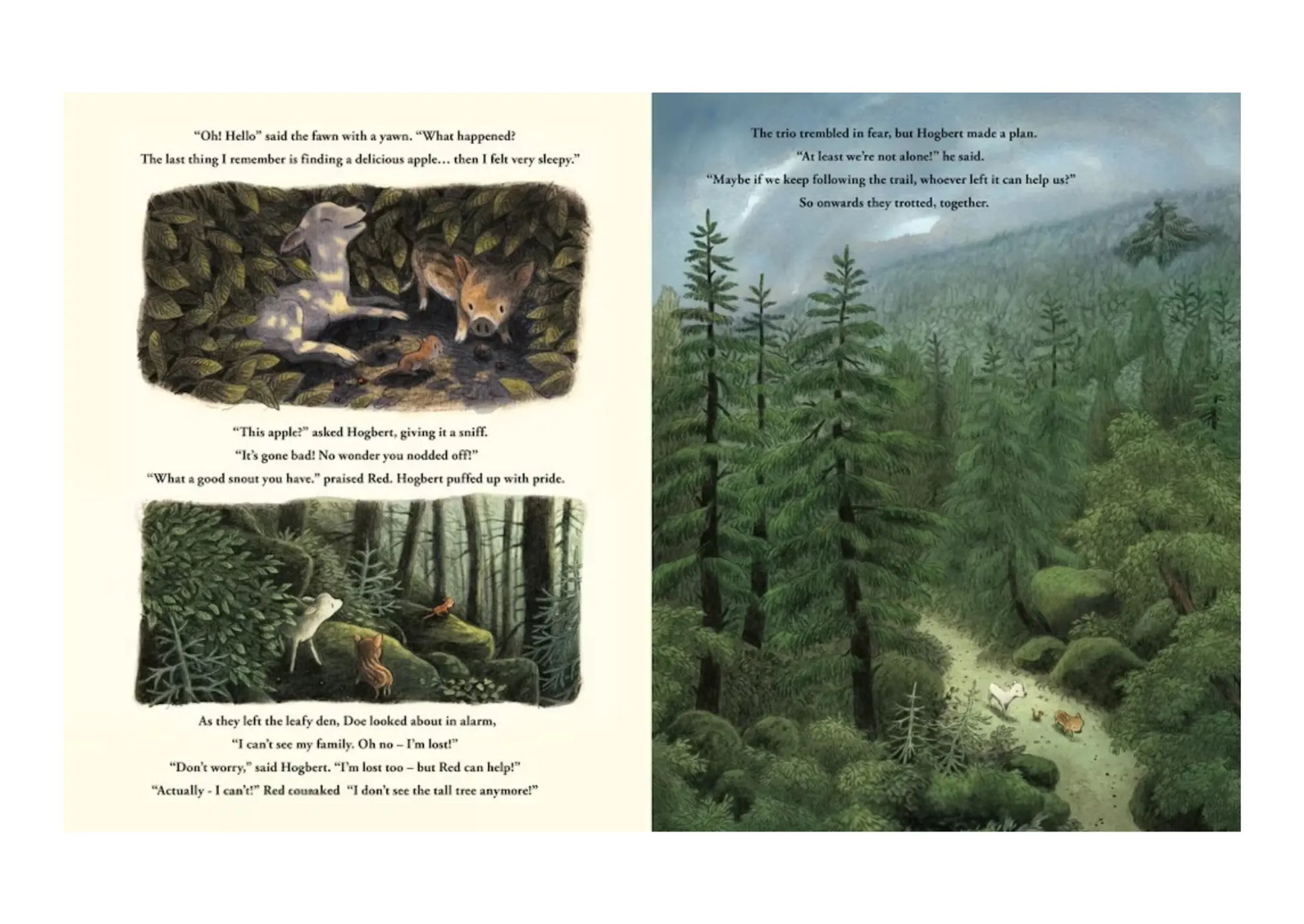 Illustrated book page with Hogbert, Snow White Lamb, and Red the squirrel in a forest and view of forest path