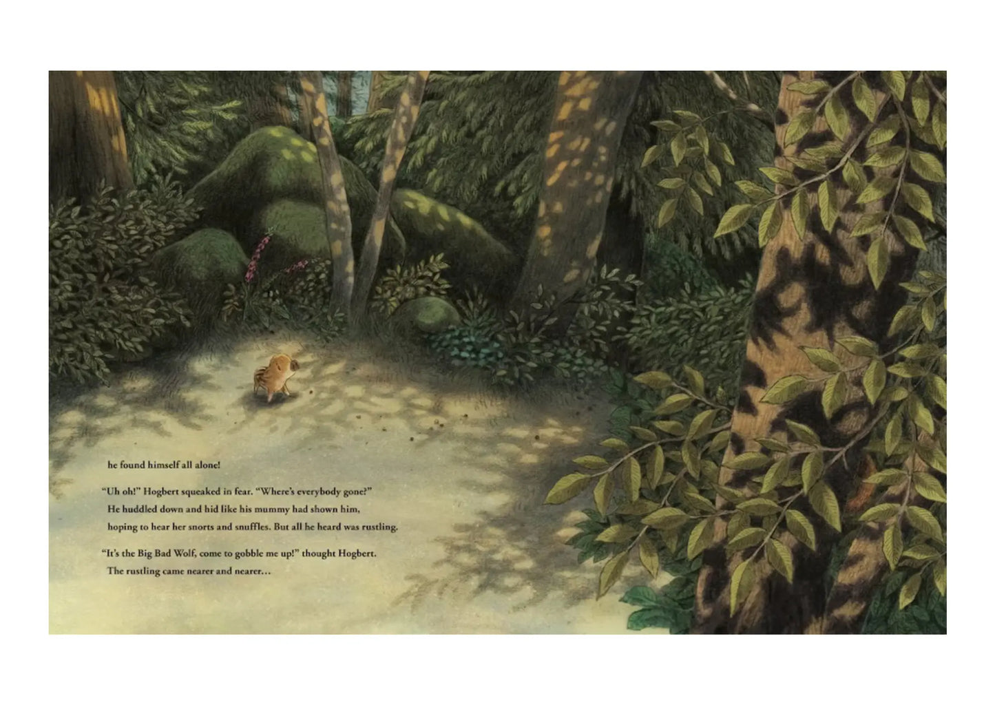 Illustration of a forest scene with Hogbert, surrounded by trees and foliage.