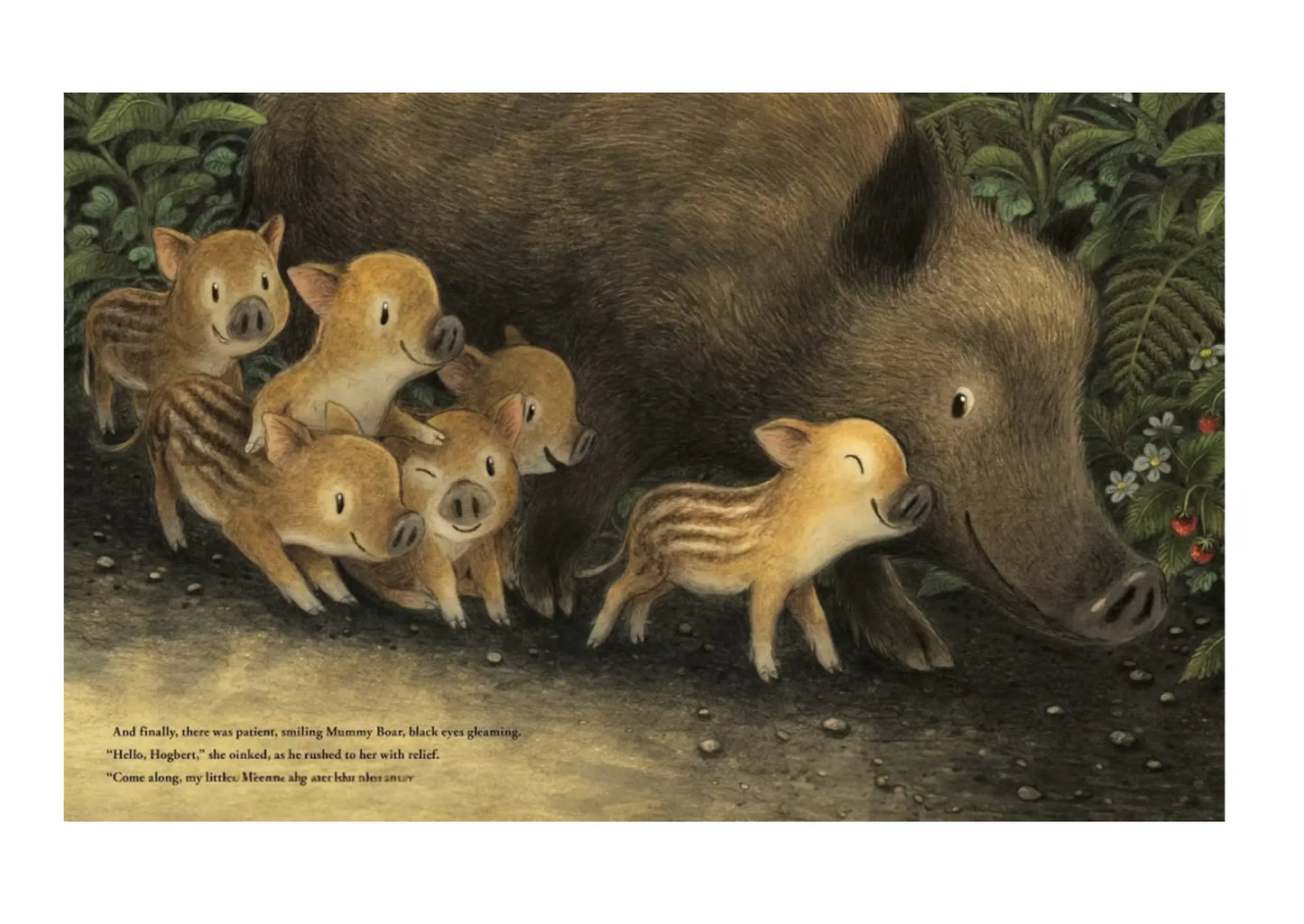 Illustration of a mother boar with her piglets in a natural setting