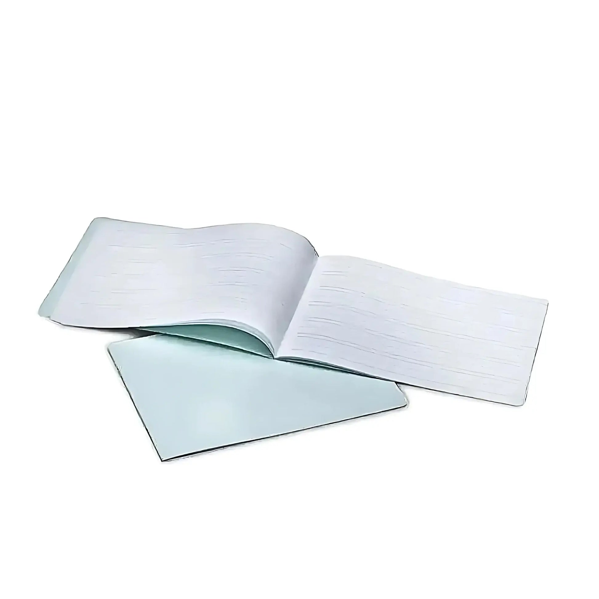 Open notebook with light blue cover on a white background