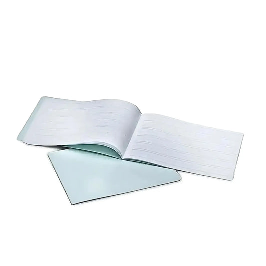 Open notebook with light blue cover on a white background
