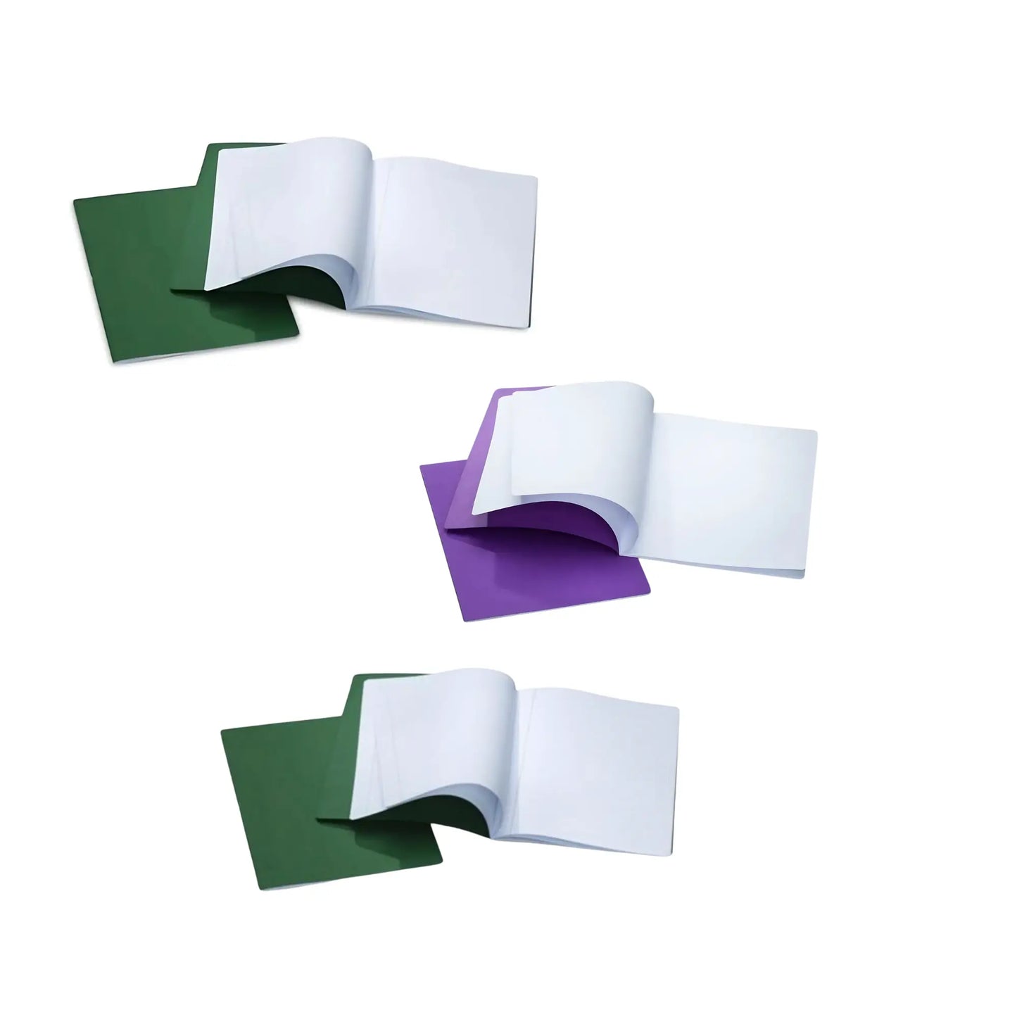 Open books with green and purple covers on a white background
