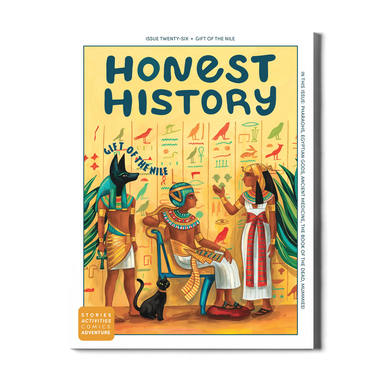 kids history magazine called 'Honest History' with Egyptian-themed cover illustrations and text Gift of the Nile