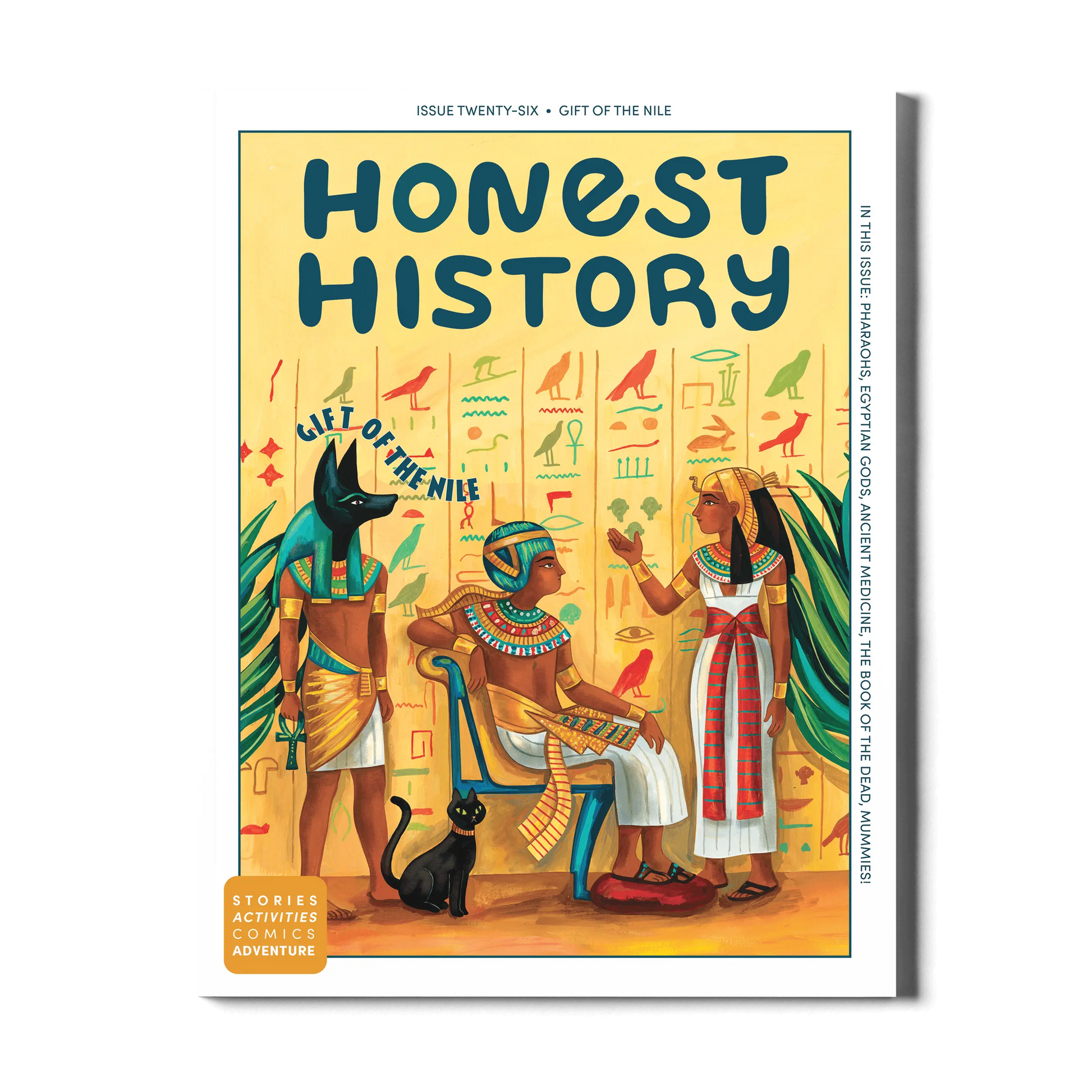 kids history magazine called 'Honest History' with Egyptian-themed cover illustrations and text Gift of the Nile