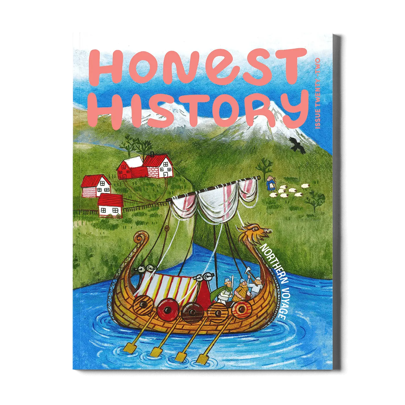 Magazine cover of 'Honest History' with a Viking ship illustration on a white background