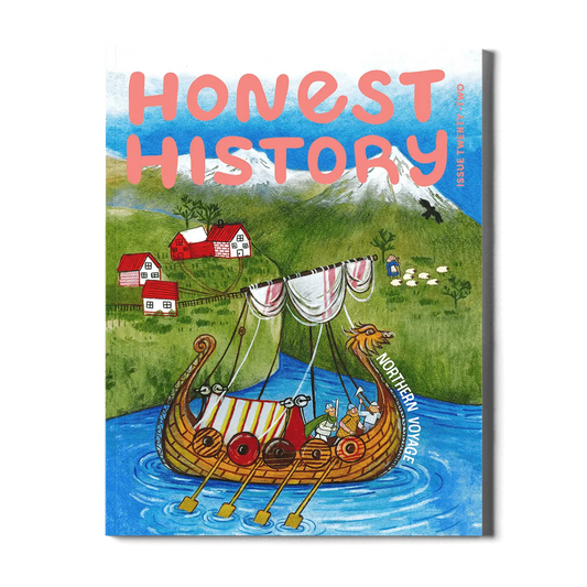 Magazine cover of 'Honest History' with a Viking ship illustration on a white background