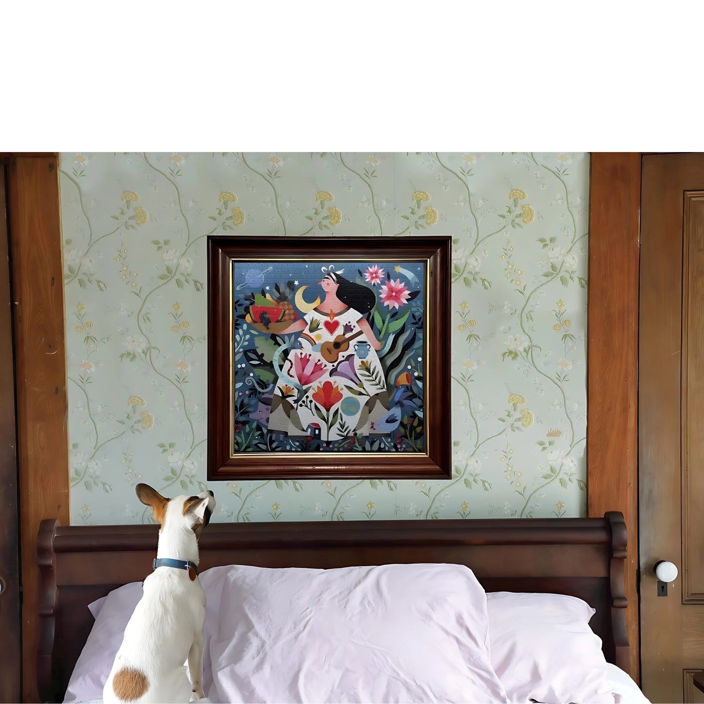 eeBoo Puzzle Finished Mother Earth Puzzle framed above bed with little dog looking at it