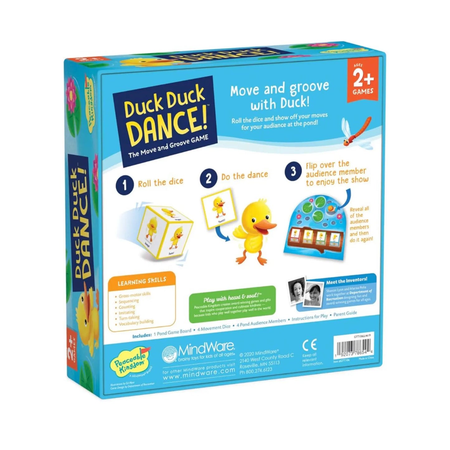 Duck Duck Dance toddler board game packaging showing game instructions, dice, dance moves