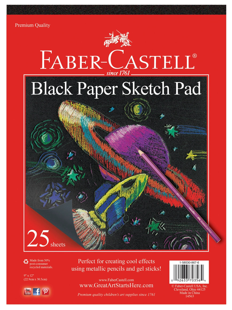 Black drawing paper pad for metallic pencils, gel pens, and pastels