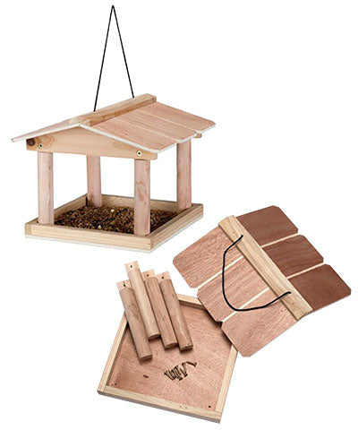 A DIY bird feeder kit made of precut wooden panels, with hardware included for assembly. The feeder is designed to be hung and has a compartment for seeds.