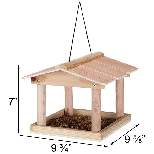 A DIY bird feeder kit made of precut wooden panels, with hardware included for assembly. The feeder is designed to be hung and has a compartment for seeds.
