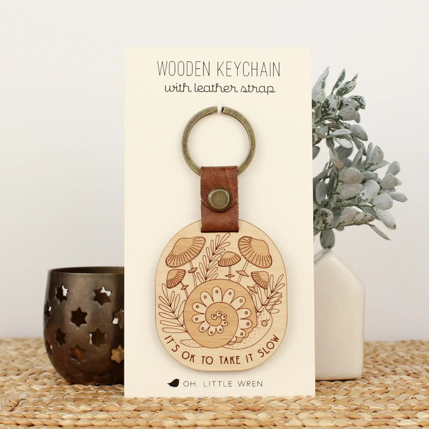 Keychain - Wood and Leather Forest Snail
