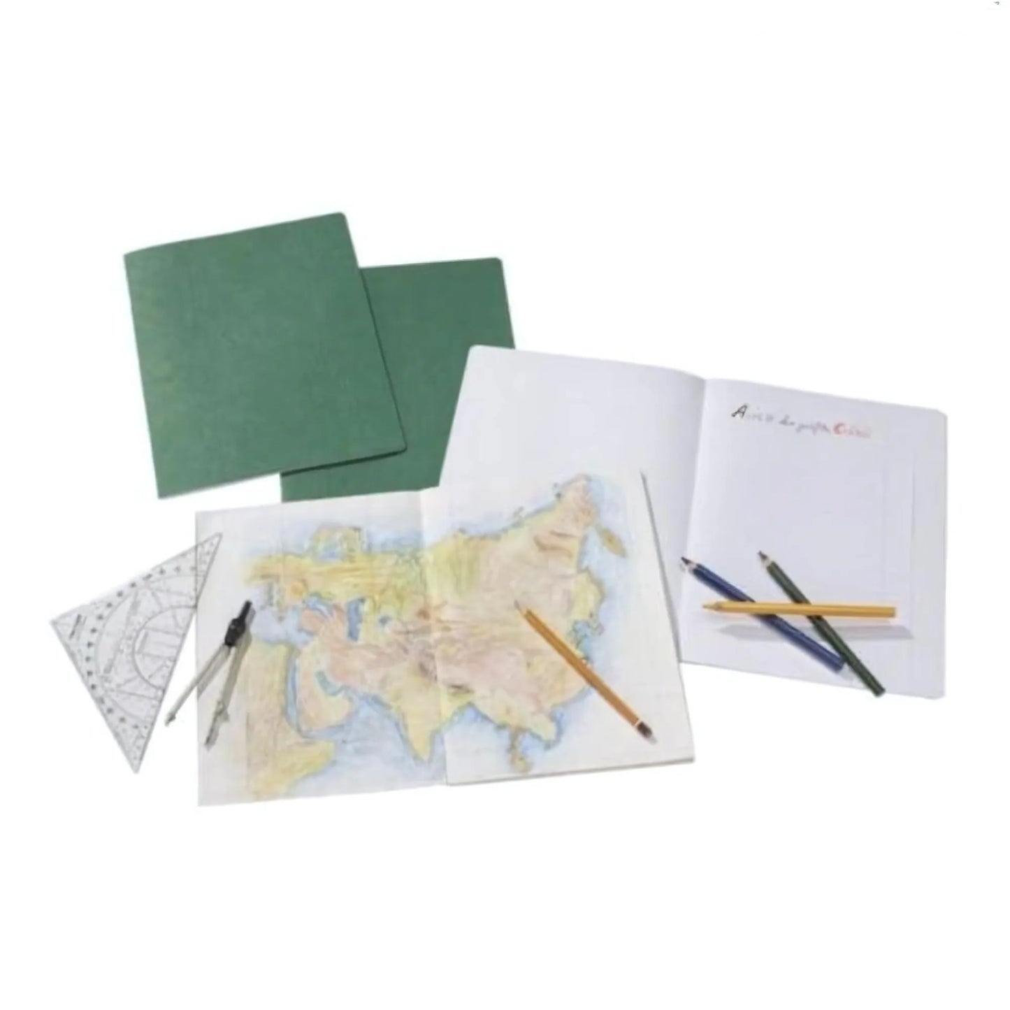 Geography Main Lesson Book Open with drawings and text with colored pencils laying on tp