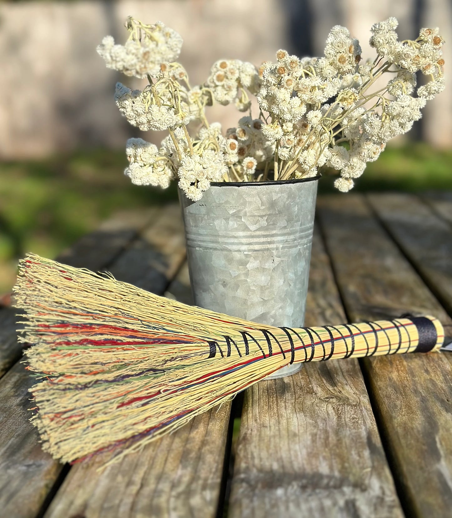 Natural Broomcorn Rainbow Whisk Broom, Hand-Crafted