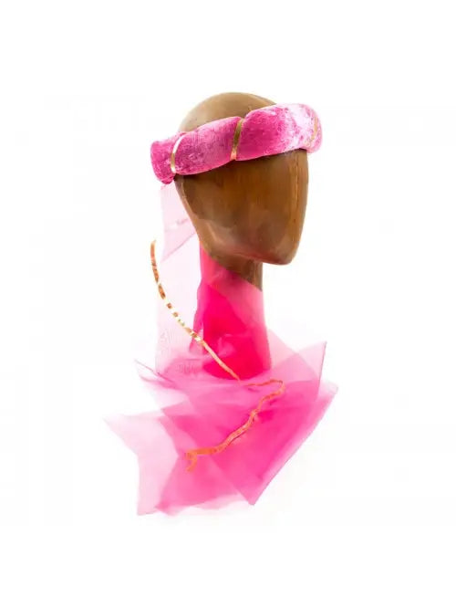 Mannequin head wearing a bright pink outfit with a matching headband on a white background