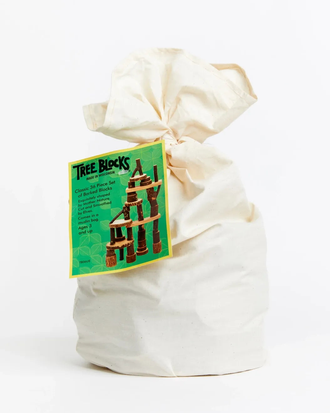Cotton drawstring bag showing the tree blocks bagged up against a white background
