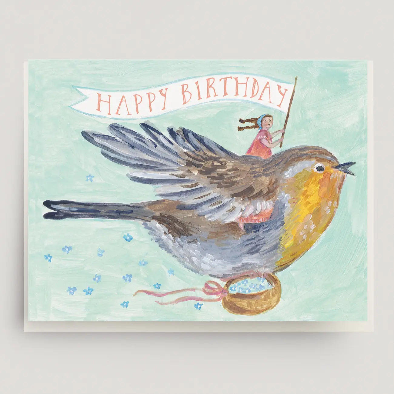 Children's Birthday card with a robin holding a 'Happy Birthday' sign on a light blue background