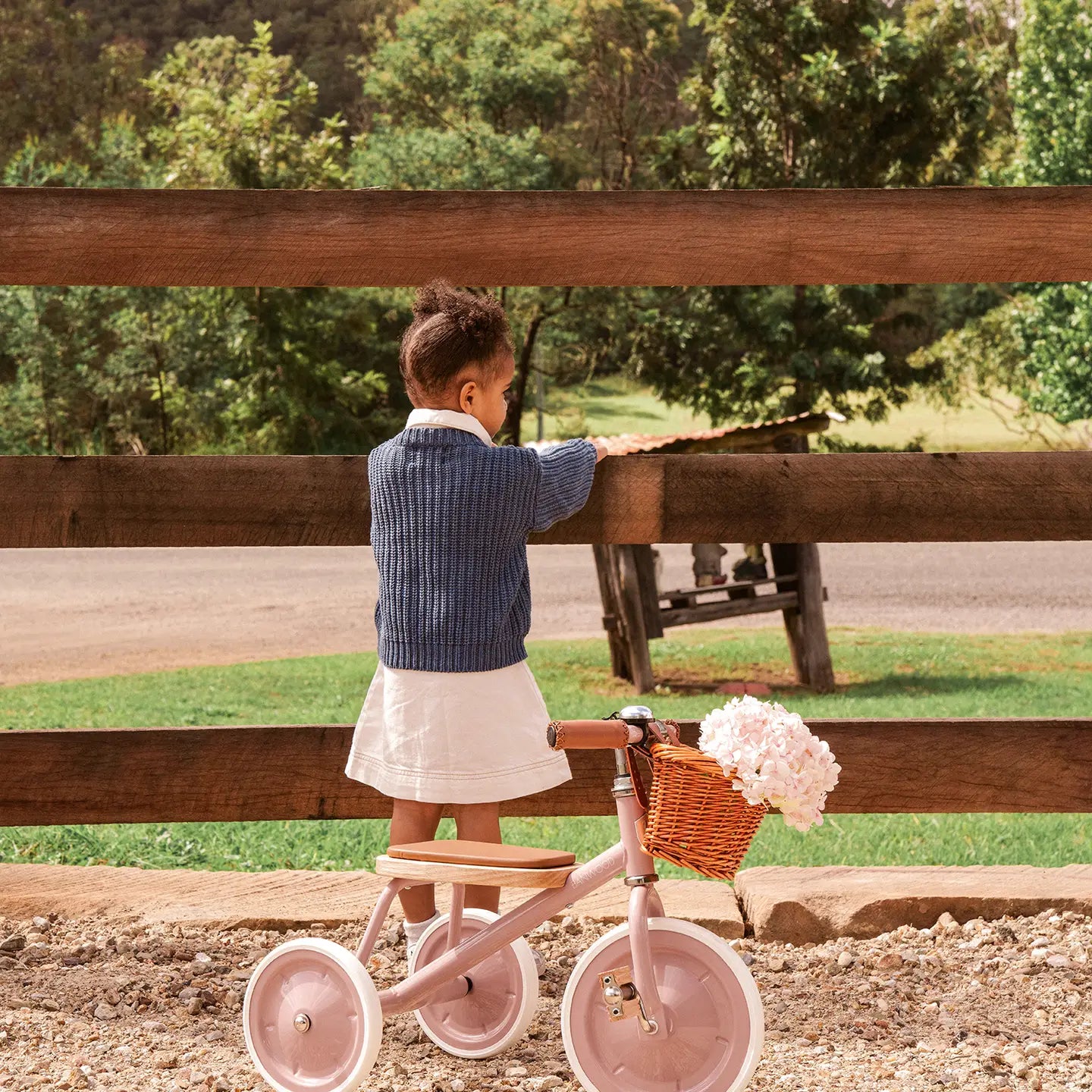 Girl standing next to Banwood vintage trike toddler tricycle in dusty pink as she looks at horse