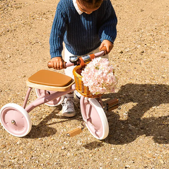 Child pushing Banwood tricycle on sandy beach with flowers in basket