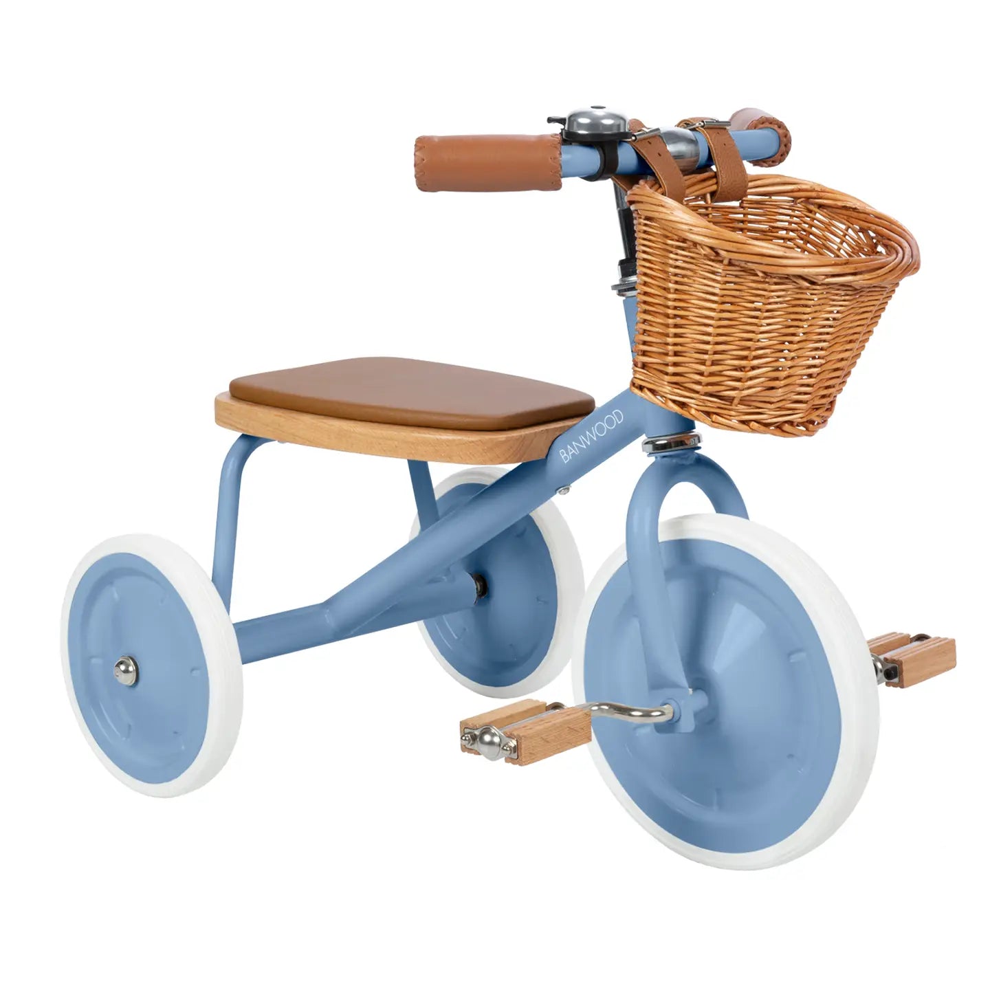 Banwood vintage toddler tricycle in blue side angle view on white background